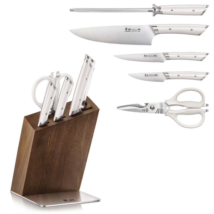 Six-piece knife set with sharpening steel, kitchen scissors, and acacia wood block with stainless steel base.