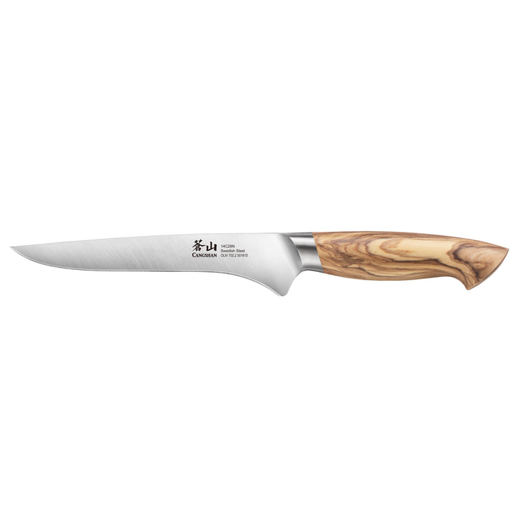 6-inch boning knife with a stainless steel blade and a smooth olivewood handle.