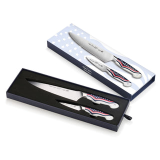 
                    
                      Two-piece knife set with 8-inch chef's knife and 3.5-inch paring knife, featuring American flag design handles in a black foa
                    
                  