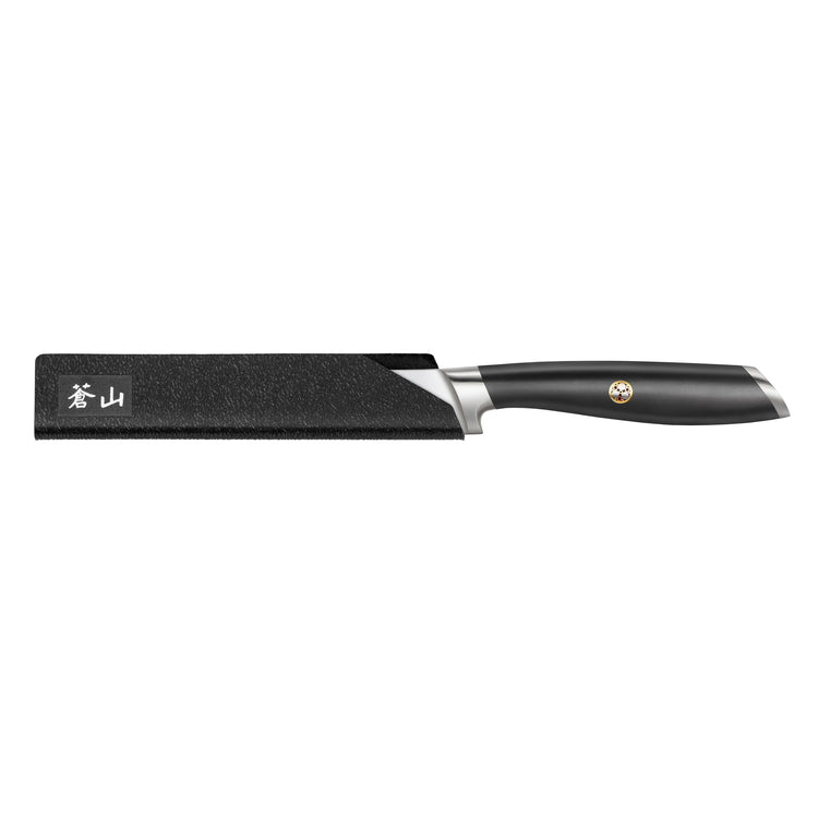 Single black steak knife with a protective sheath covering the blade and a smooth ergonomic handle.