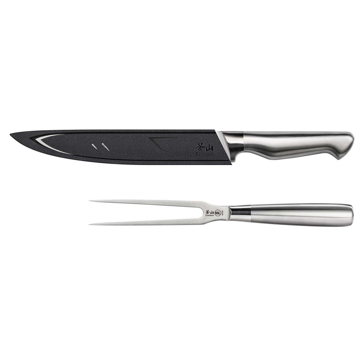 Carving knife with black protective sheath and two-prong carving fork, both with stainless steel handles.