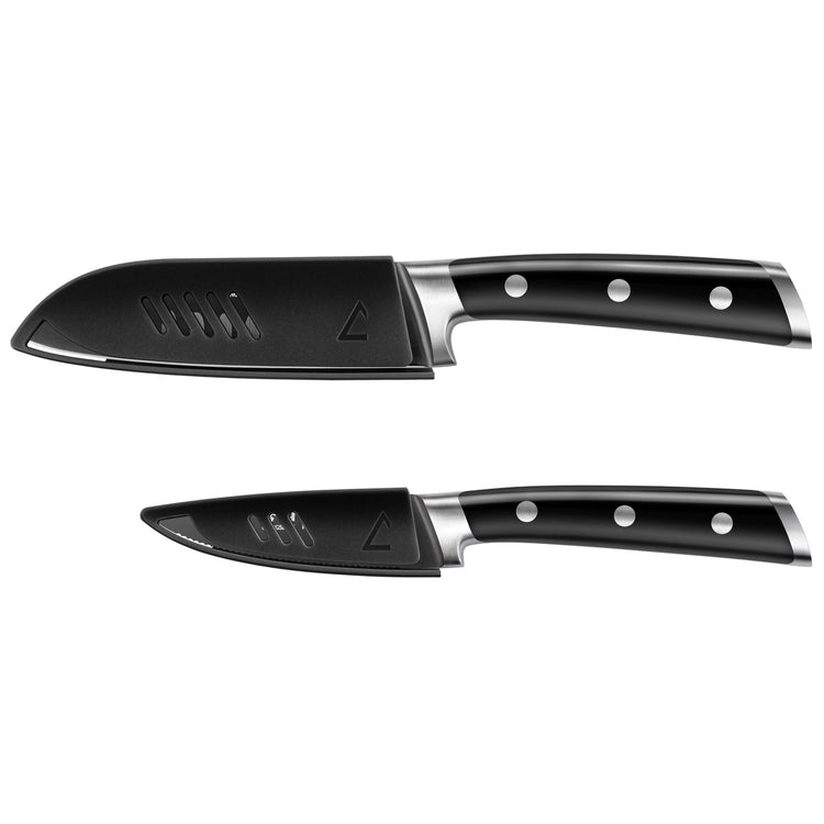 Two black-handled kitchen knives with blade covers, one larger and one smaller, on a white background.