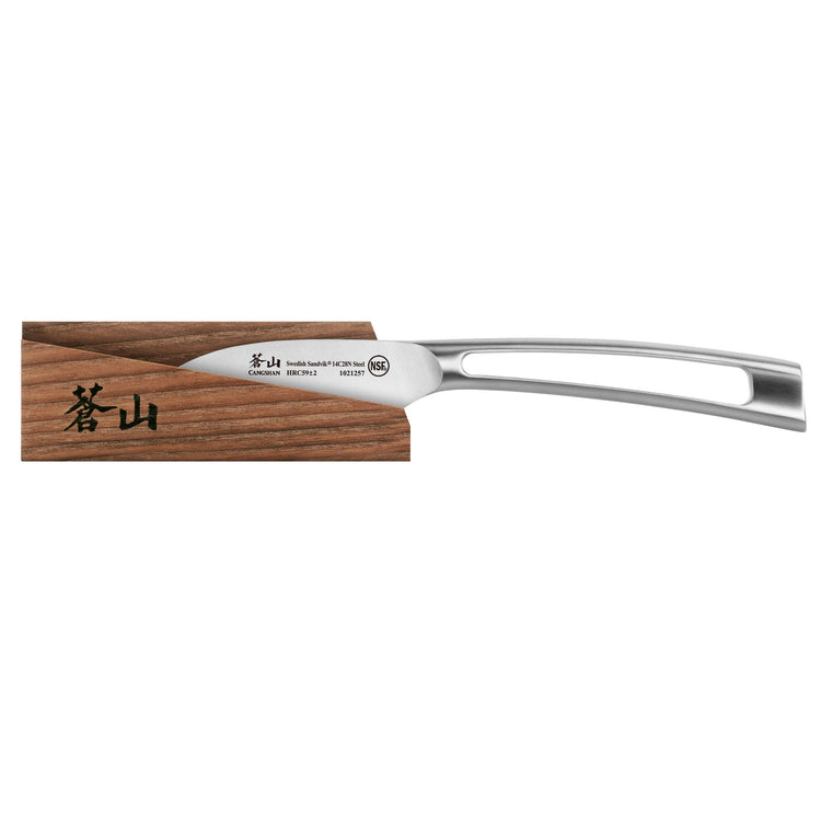 2.75-inch peeling knife with stainless steel blade and open handle resting on a wooden sheath with black markings.