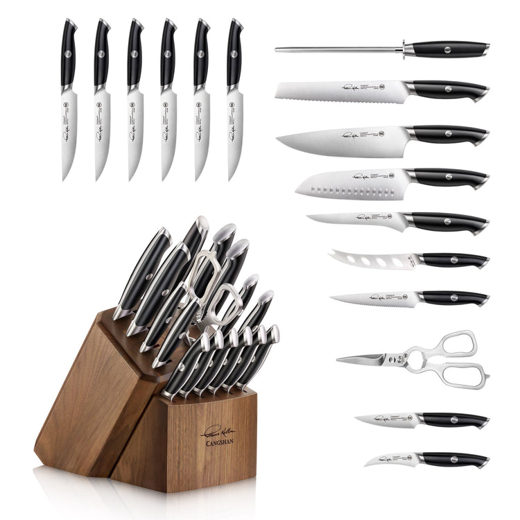 Seventeen-piece knife set with black handles, including various knives, kitchen shears, and a wooden block.