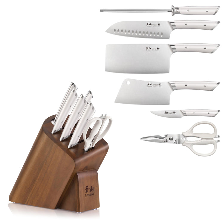 Knife block set with six stainless steel knives, sharpening rod, kitchen scissors, and acacia wood block.