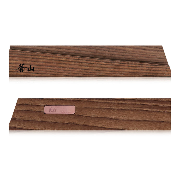 Solid ash wood magnetic knife sheath with Japanese characters and a small metal label on the back.