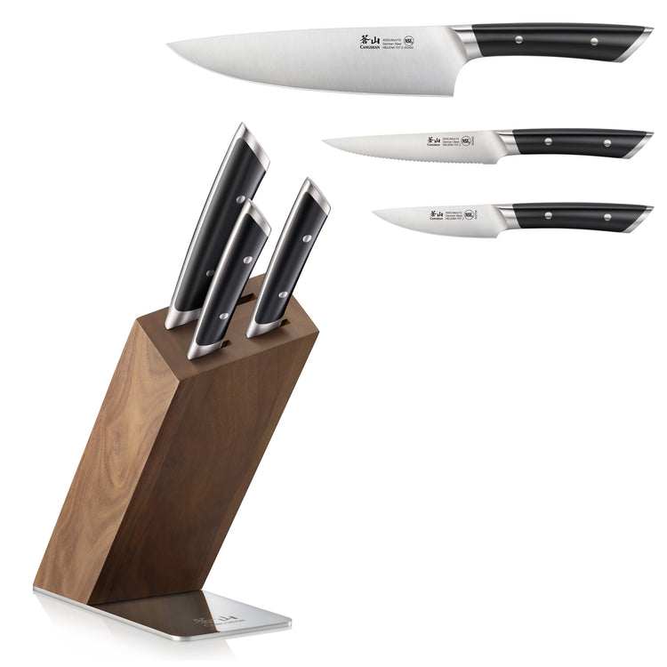 Four knives with black handles in a wooden block with metal base, including chef, paring, and utility knives.