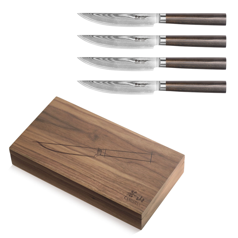 
                  
                    Load image into Gallery viewer, Cangshan HAKU Series 501141 X-7 Damascus Steel Forged 4-Piece Fine-Edge Steak Knife Set with Walnut Box
                  
                