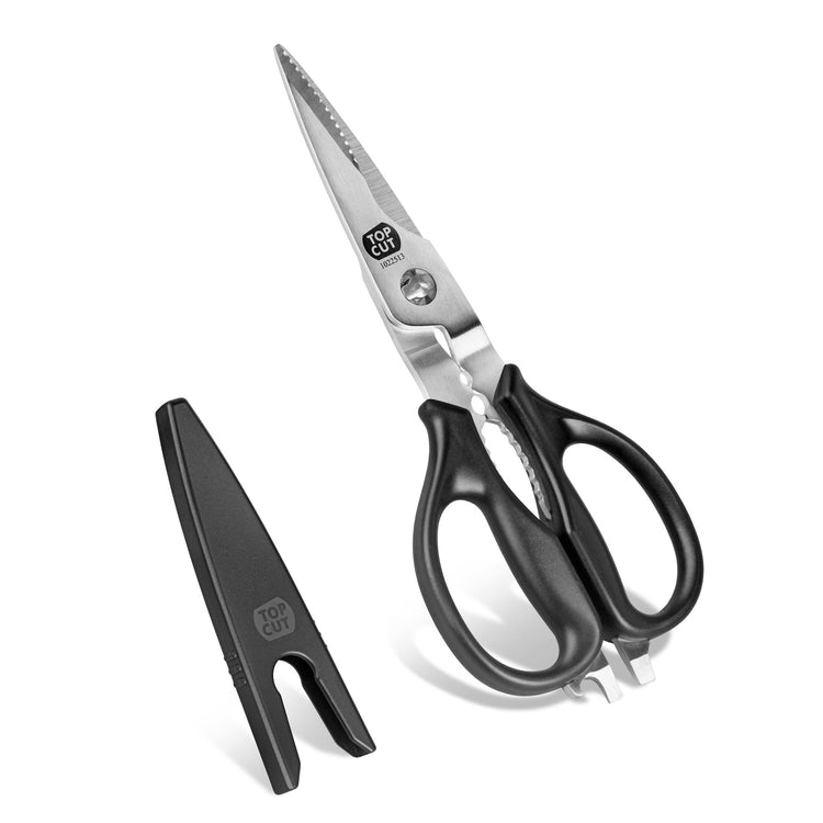 Heavy-duty kitchen shears with black handles and serrated stainless steel blades, shown with a black plastic sheath.