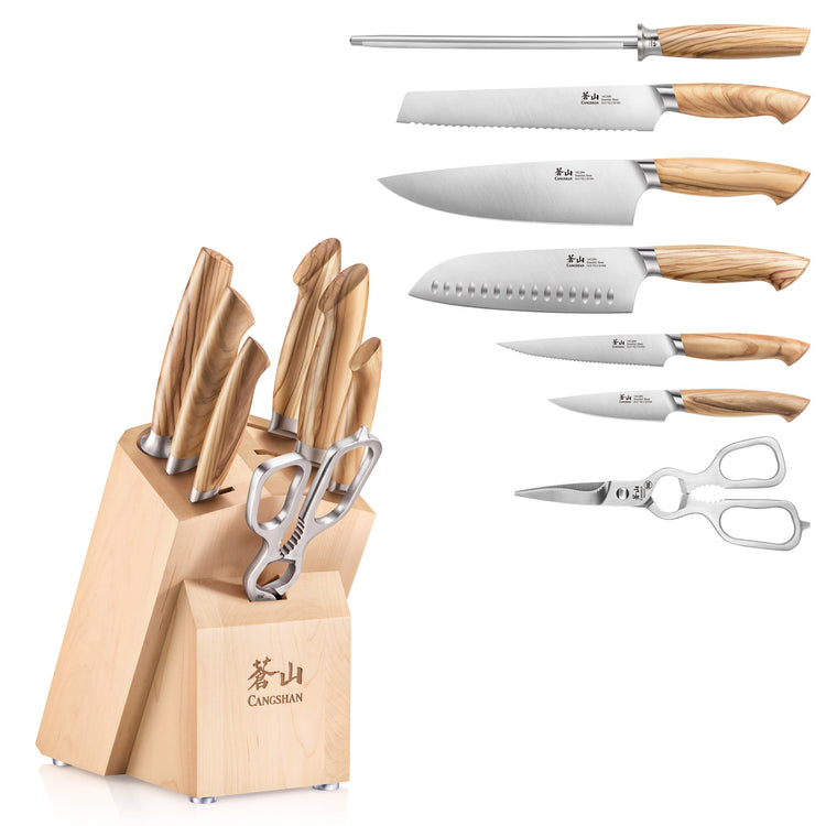 Knife block set with six knives, sharpening steel, kitchen shears, and maple wood block with logo.