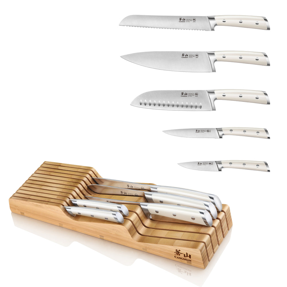 
                  
                    Load image into Gallery viewer, Cangshan S1 Series 1023022 German Steel Forged 5-Piece Knife Set with Bamboo in Drawer Knife Block
                  
                