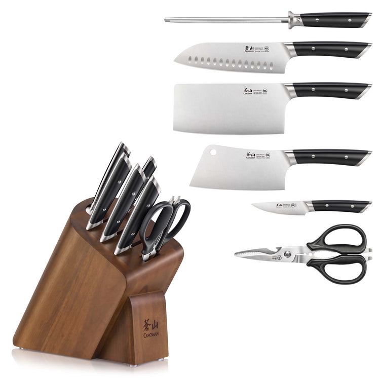 Knife block set with six knives, sharpening steel, kitchen scissors, and acacia wood block.