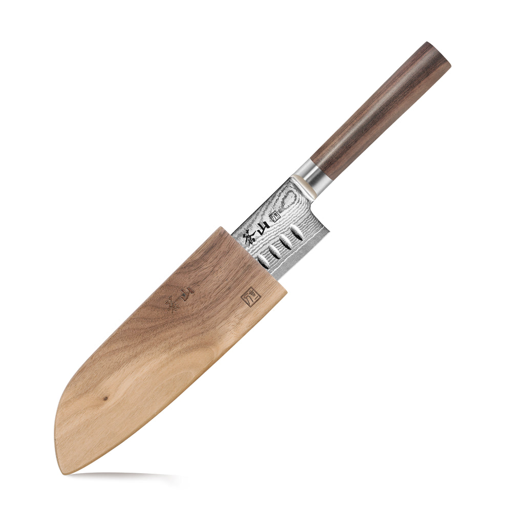 
                  
                    Load image into Gallery viewer, J Series 7-Inch Santoku Knife with Walnut Sheath, Forged X-7 Damascus Steel, 1020069
                  
                