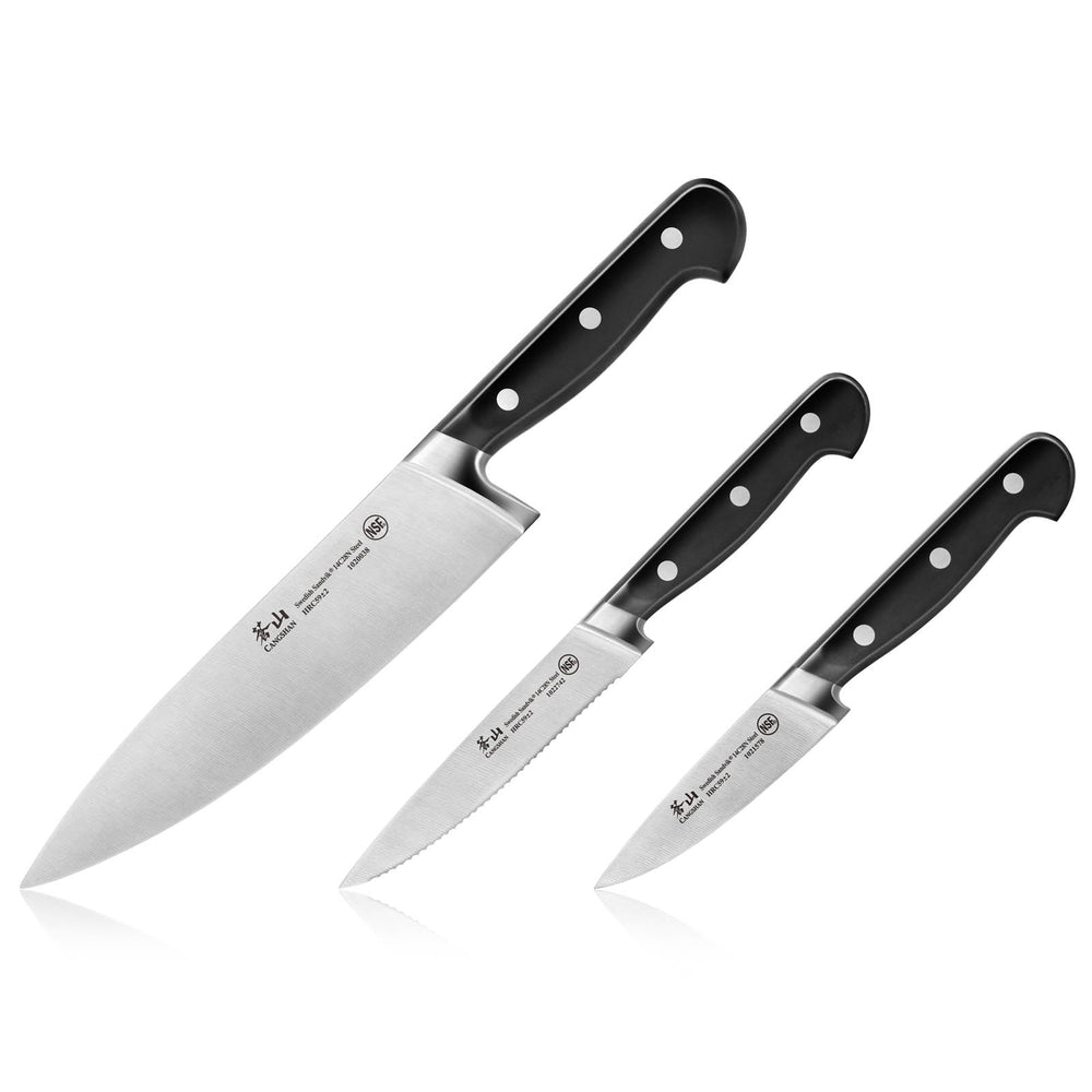 
                  
                    Load image into Gallery viewer, Cangshan TV2 Series 1023015 Swedish 14C28N Steel Forged 3-Piece Starter Knife Set with Wood Sheaths
                  
                