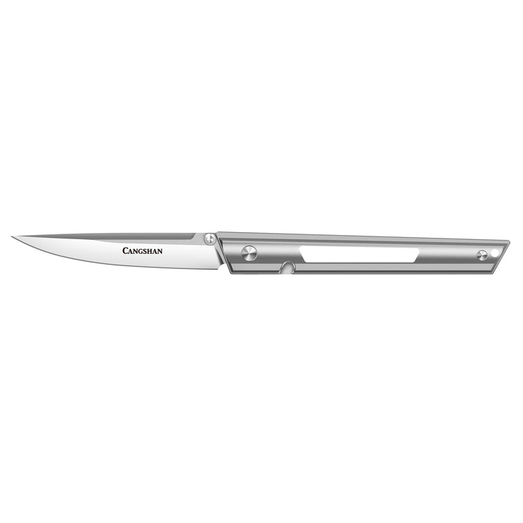 Slim folding knife with a fine-grained steel blade and a minimalist metal handle with cutouts.