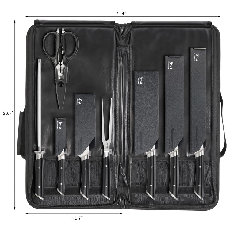 Nine-piece BBQ knife set with various knives, scissors, fork, and sharpening steel in a black carrying case.