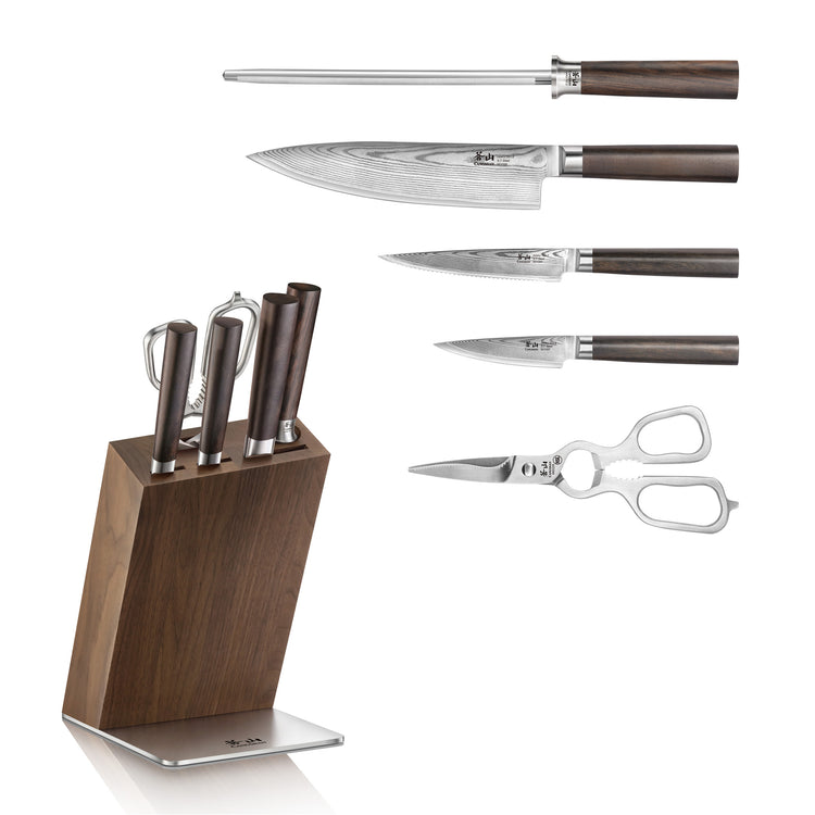 Six-piece knife block set with four knives, sharpening steel, kitchen shears, and walnut wood block.