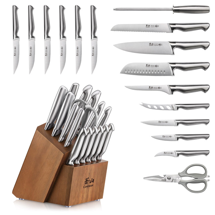 17-piece stainless steel knife set with various blade types, kitchen shears, and wooden block holder.