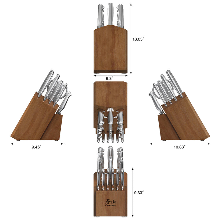 Wooden knife block holding 17 stainless steel knives, shown from five angles with dimensions.