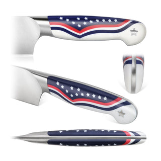 
                    
                      Knife handle with American flag design featuring stars and red, white, and blue stripes, shown from multiple angles.
                    
                  
