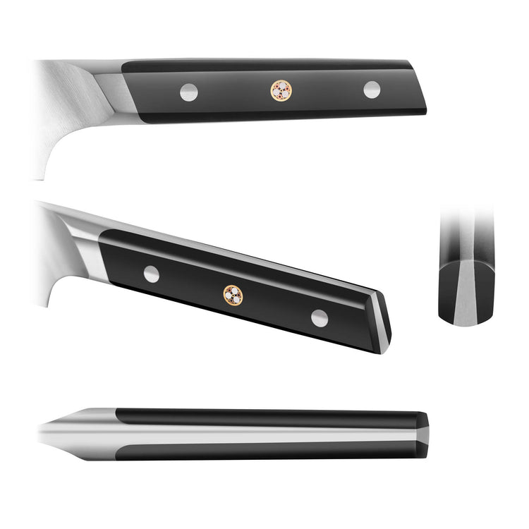 Close-up views of a black handled knife with three rivets, shown from multiple angles on a white background.