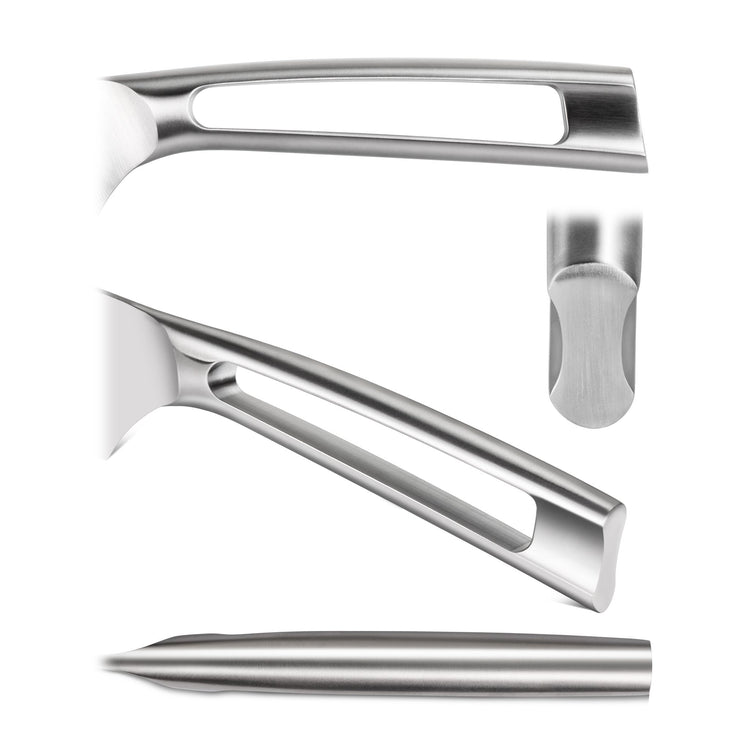 Close-up views of a sleek stainless steel knife handle with a hollowed-out center and rounded end.