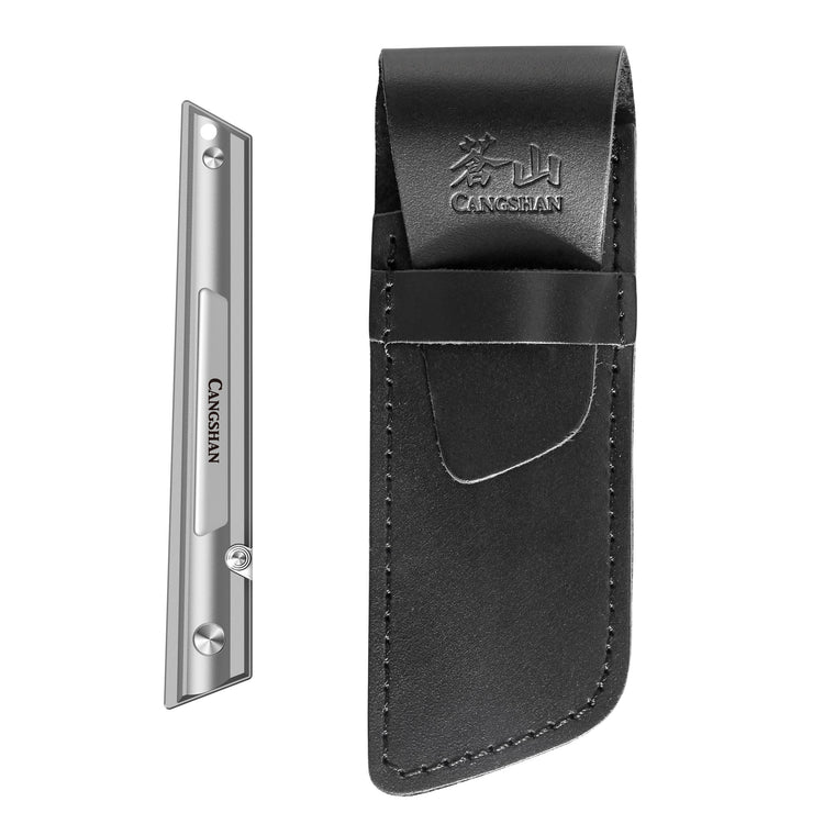 Slim folding knife blade with screws and a black leather sheath with embossed logo.