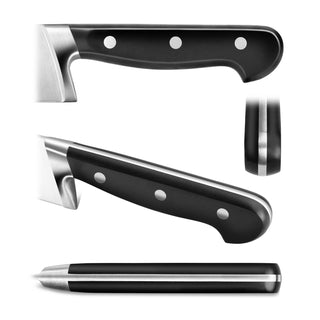 
                    
                      Black-handled kitchen knife handle with three metal rivets shown from multiple angles on white background
                    
                  