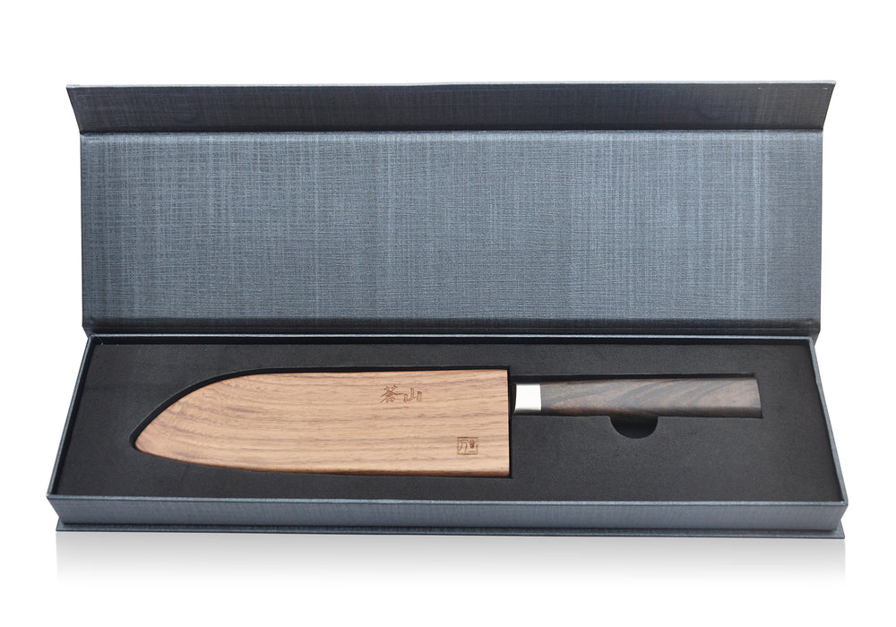 
                  
                    Load image into Gallery viewer, J Series 7-Inch Santoku Knife with Walnut Sheath, Forged X-7 Damascus Steel, 1020069
                  
                