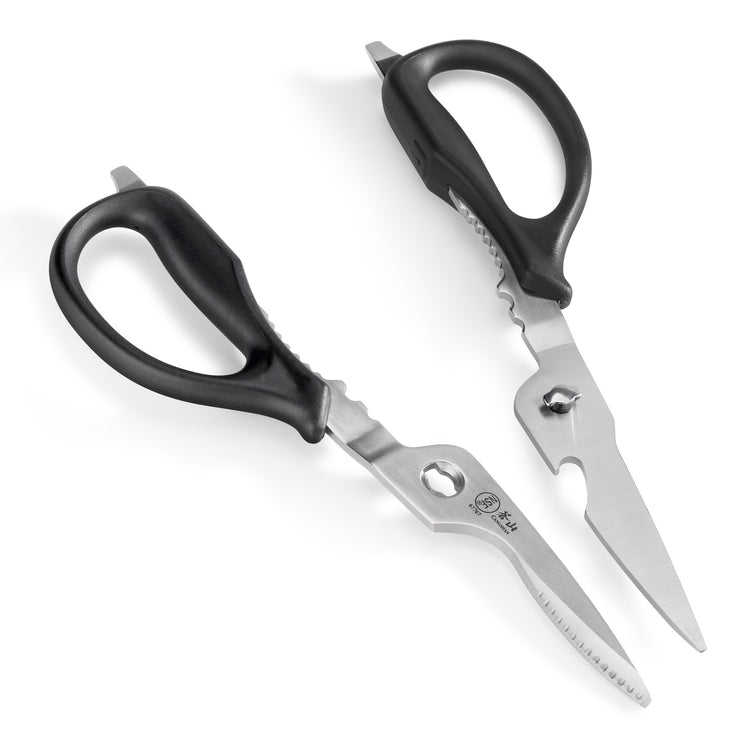 Black-handled kitchen shears with serrated and straight stainless steel blades, shown open on a white background.