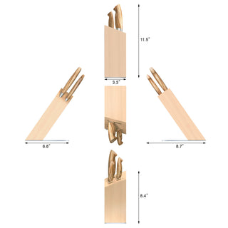 
                    
                      Four knives with wooden handles stored in a rectangular maple block shown from multiple angles with dimensions.
                    
                  