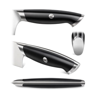 
                    
                      Black ergonomic handle of TKSC 8-Inch Chef's Knife with stainless steel accents and logo badge shown from multiple angles.
                    
                  