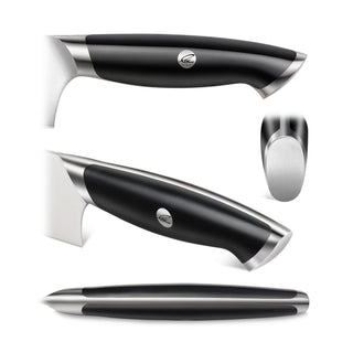 
                    
                      Black ergonomic knife handle with stainless steel accents and a round logo emblem, shown from multiple angles.
                    
                  