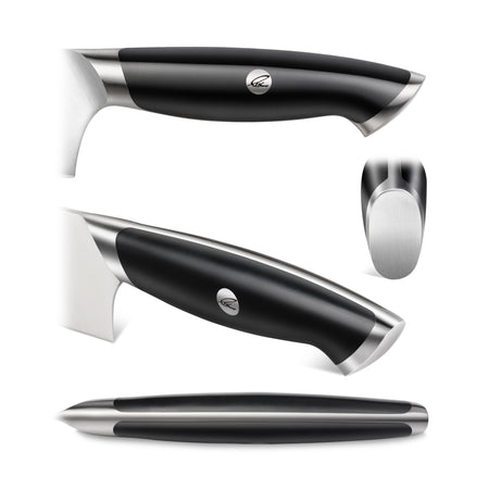 Black ergonomic knife handle with stainless steel accents and Thomas Keller logo, shown from multiple angles.