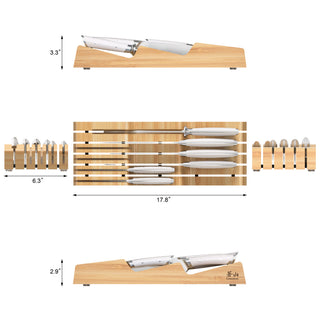 
                    
                      7-piece knife set with stainless steel blades and bamboo in-drawer storage tray, shown with dimensions.
                    
                  