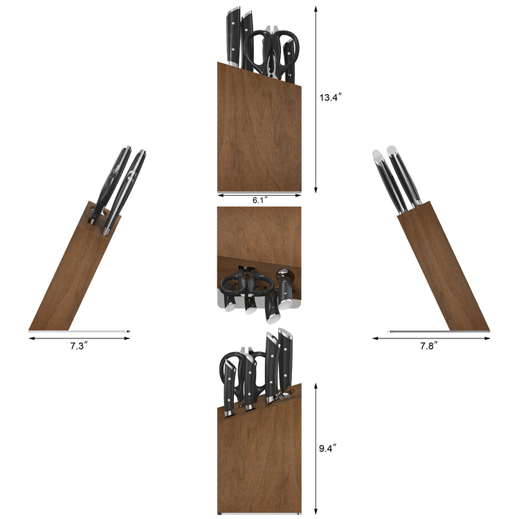 Wooden knife block holding six knives, kitchen scissors, and a sharpening rod, shown from multiple angles with dimensions.