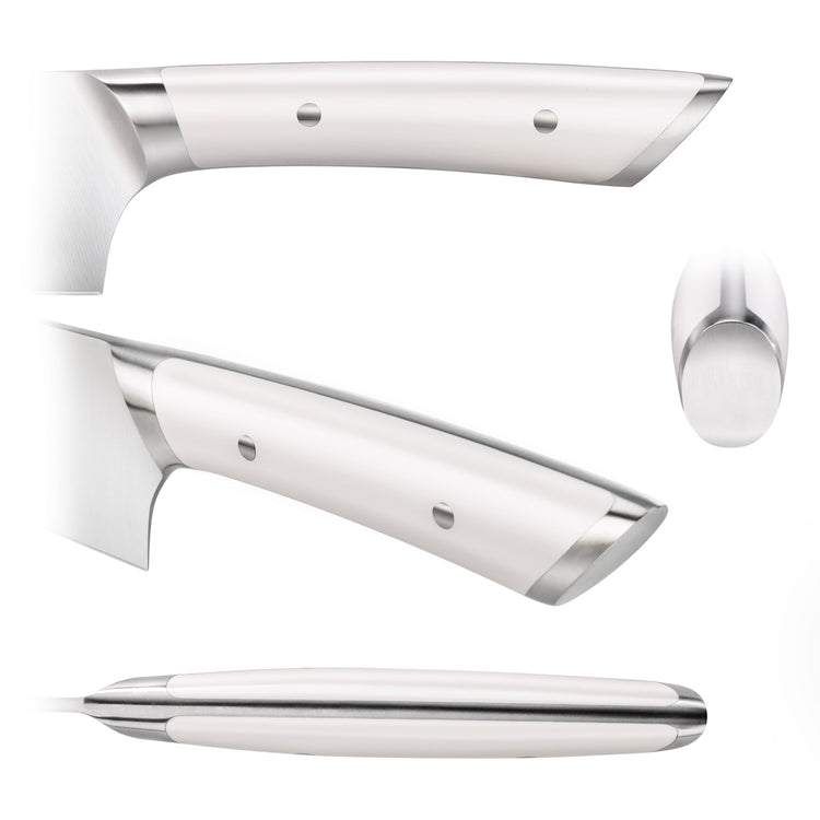 White ergonomic handle of a boning knife with stainless steel bolsters and rivets shown from multiple angles.