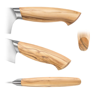 
                    
                      Wooden handle of a chef's knife shown from side, angled, top, and end views against white background.
                    
                  