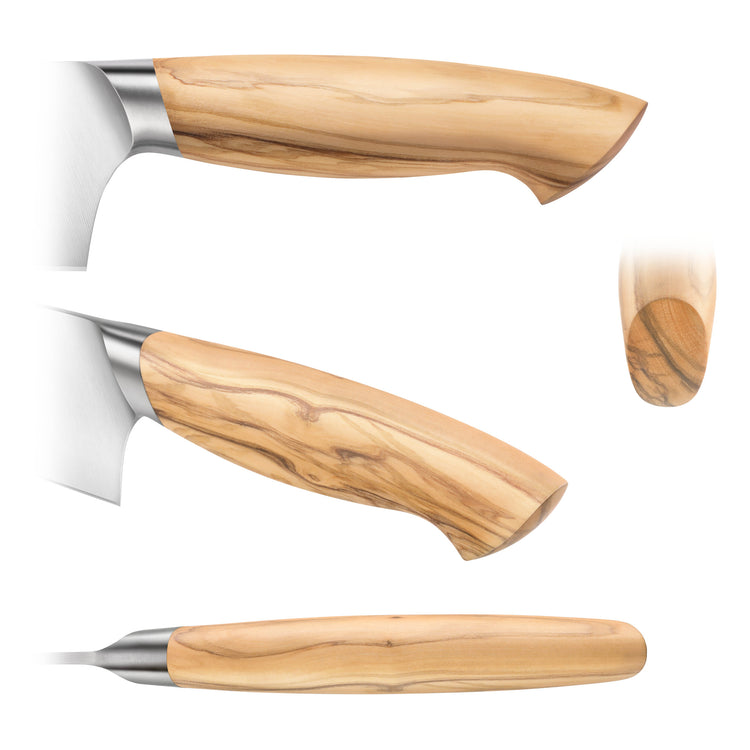 Wooden handle of a chef's knife shown from side, angled, top, and end views against white background.
