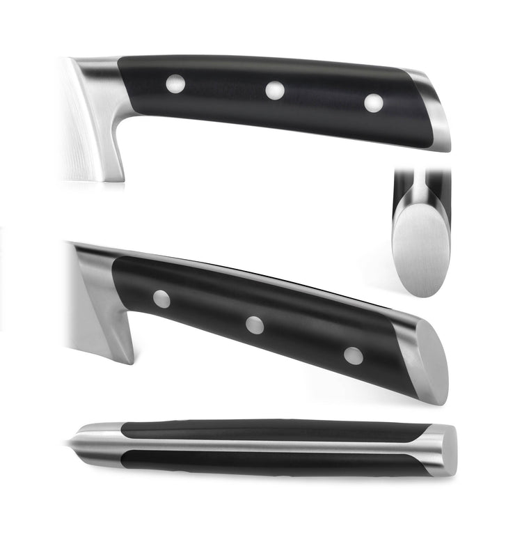 Black handle with three rivets on a stainless steel knife, shown from multiple angles including top, side, and end views.