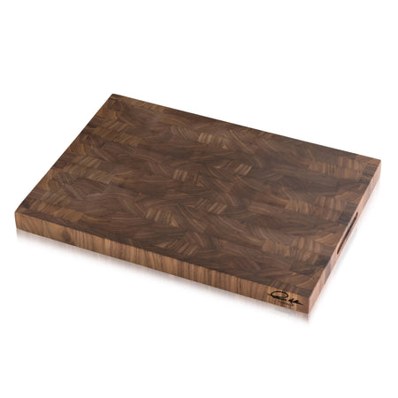Rectangular walnut end-grain cutting board with Thomas Keller Signature Collection logo on the corner.