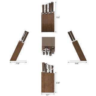 
                    
                      Wooden knife block with six knives and kitchen scissors, shown from multiple angles with dimensions.
                    
                  