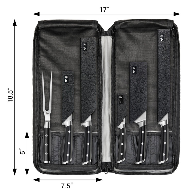 Black nylon knife bag open flat with six knives and one fork inside, showing dimensions 18.5 by 17 by 7.5 inches.