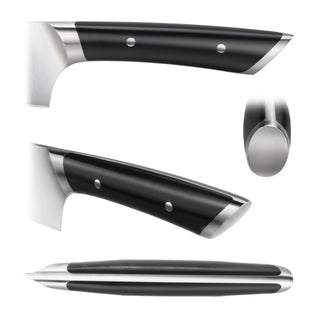 
                    
                      Black ergonomic handle of a steak knife with stainless steel bolsters and rivets, shown from multiple angles.
                    
                  