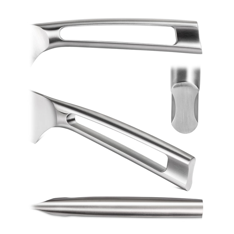 Close-up views of a stainless steel knife handle with a hollowed-out design and smooth, rounded edges.