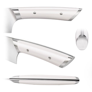
                    
                      White ergonomic knife handle with stainless steel bolsters and rivets shown from four angles.
                    
                  