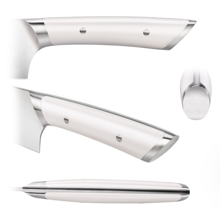 White ergonomic knife handle with stainless steel bolsters and rivets shown from four angles.
