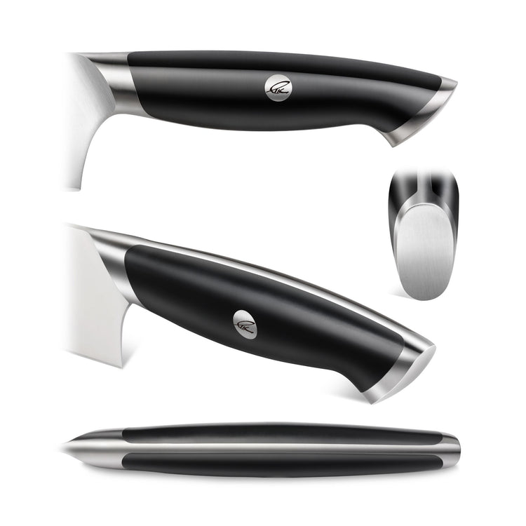 Black ergonomic handle of a carving knife with stainless steel accents and a circular logo on the side.