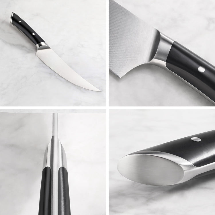 Boning knife with curved blade and black handle shown from multiple angles on a white surface.