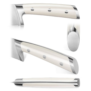 
                    
                      Close-up views of a cleaver knife handle with white grip, three rivets, and stainless steel bolster and end cap.
                    
                  